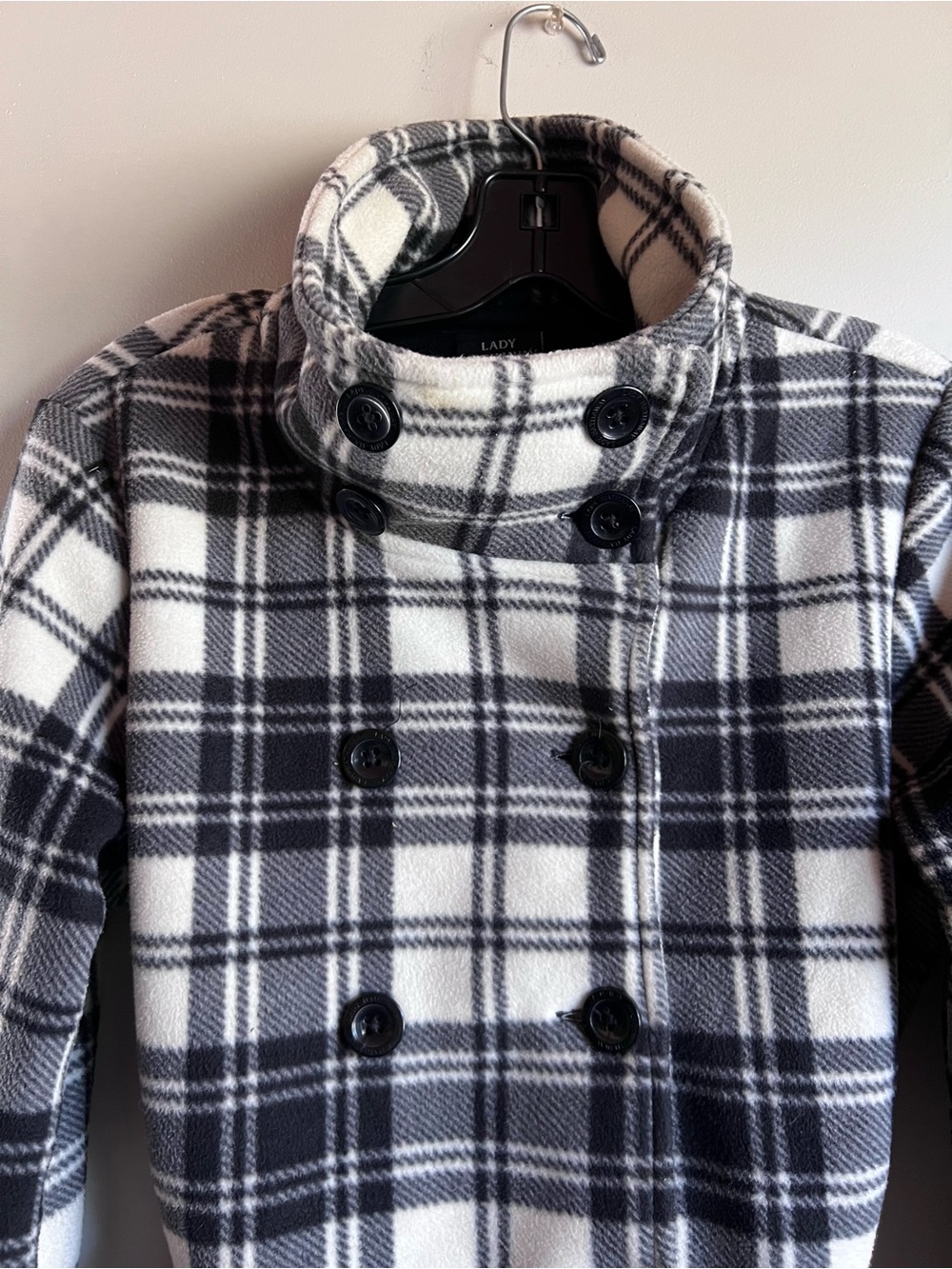 Lady Hathaway Plaid Coat Large Black White Belted Double Breasted Peacoat - Picture 5 of 9